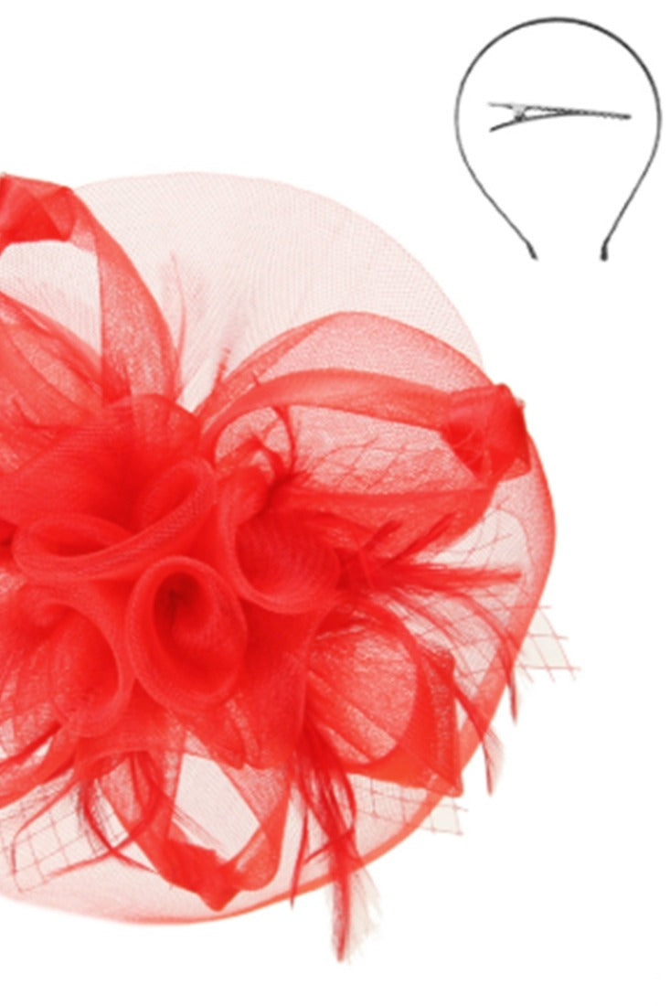 MESH FLORAL VEIL FASCINATOR - Red