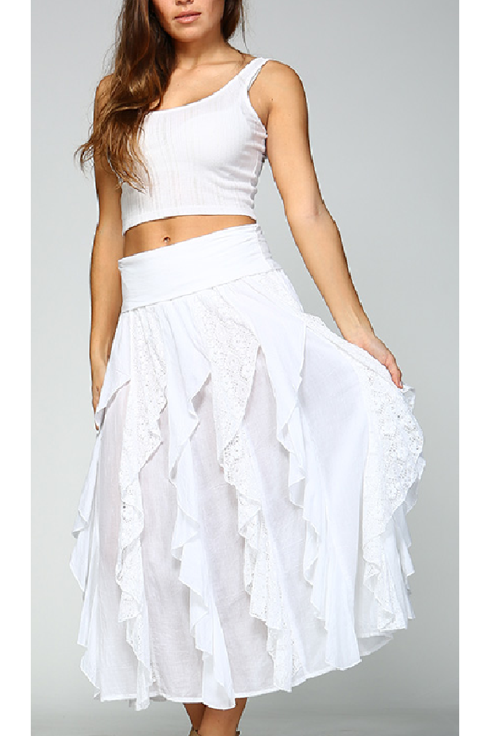 Ruffled Long Cotton Skirt in White