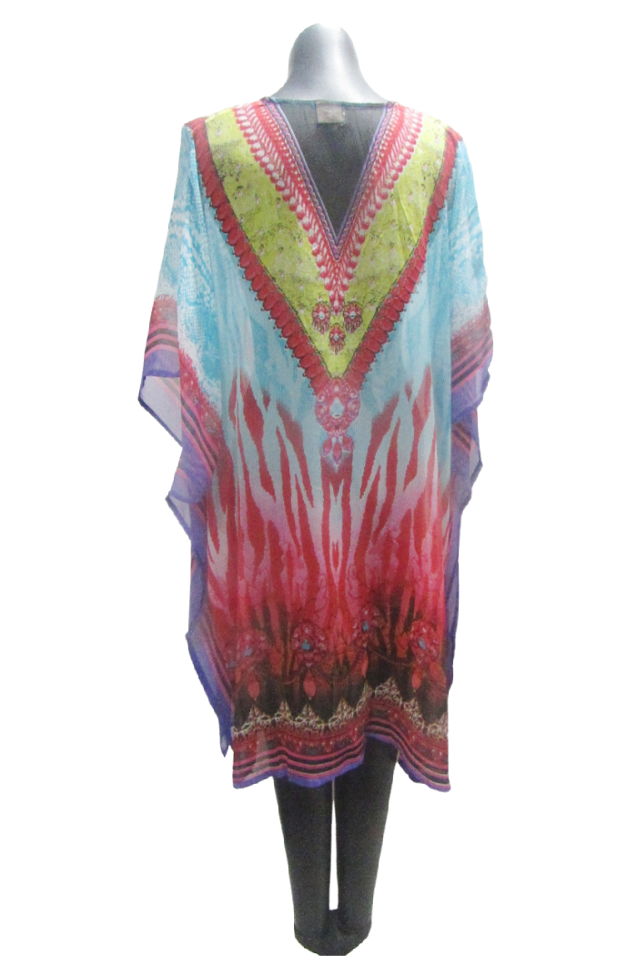 Beaded Kaftan in Turquoise Multi Print
