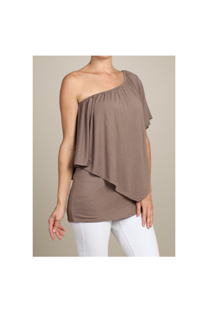 Convertible Elasticized Neckline Top - Mocha