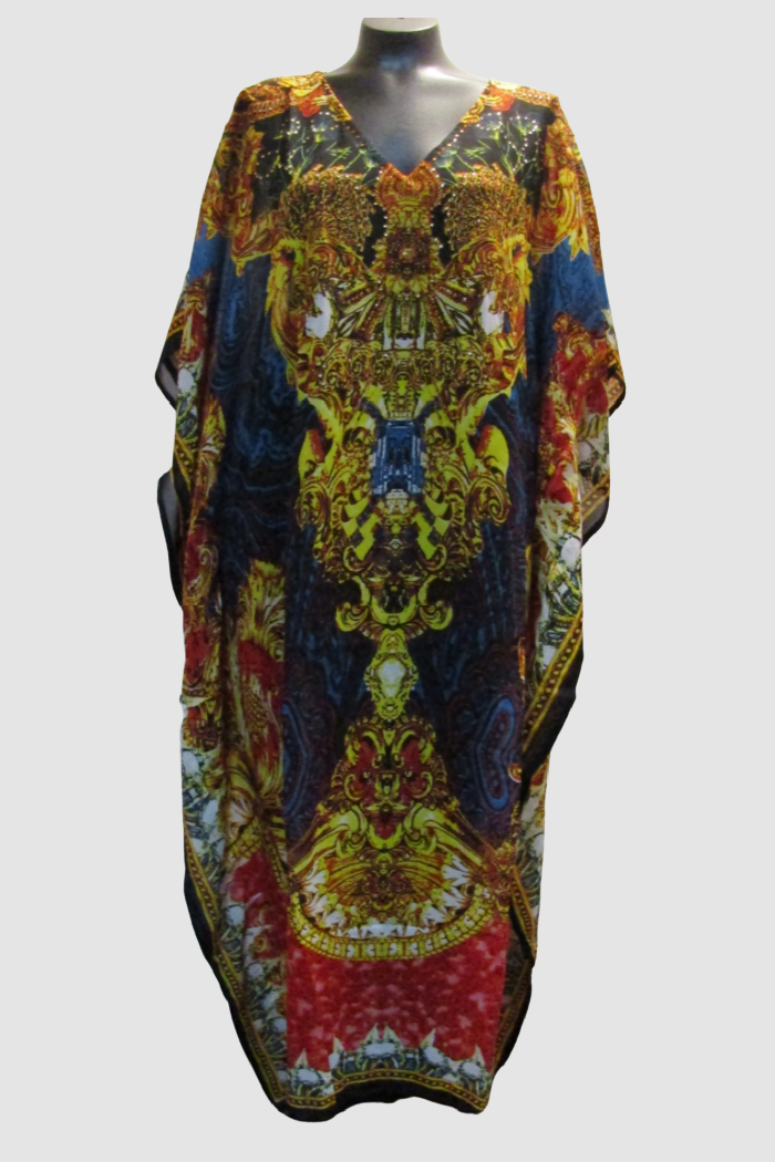 Long Beaded Kaftan in Opulent Blue/Gold Print