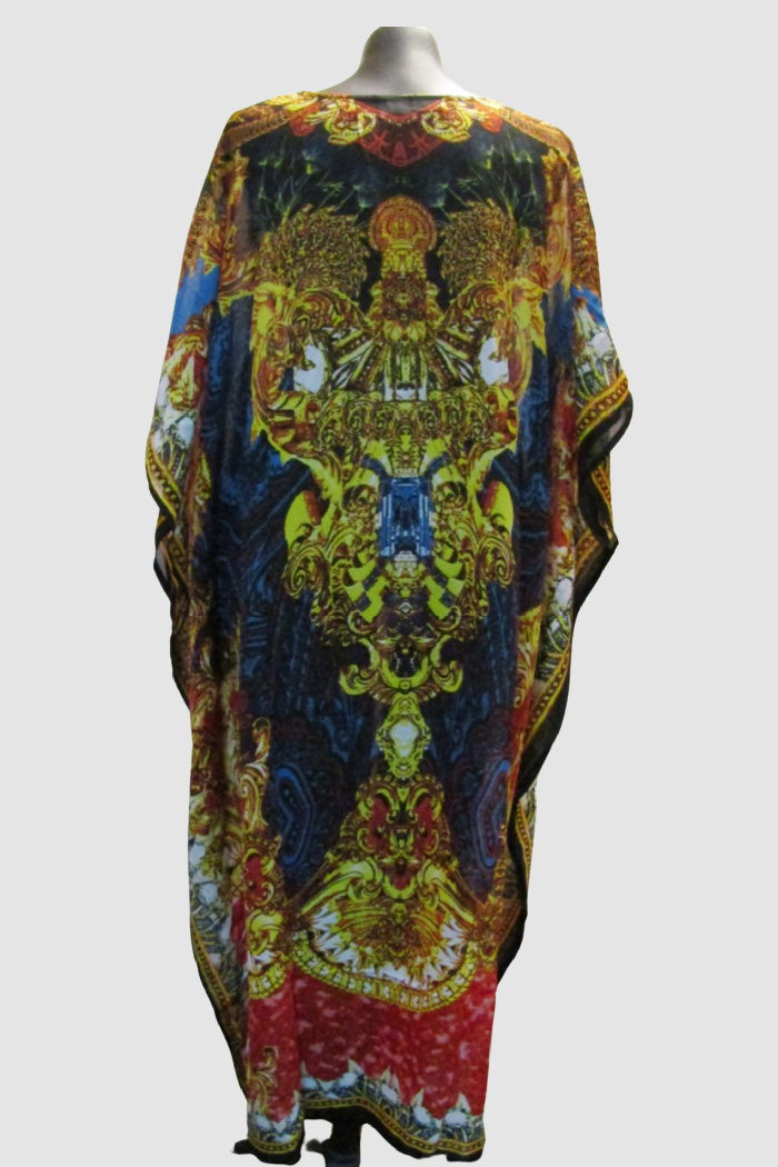 Long Beaded Kaftan in Opulent Blue/Gold Print