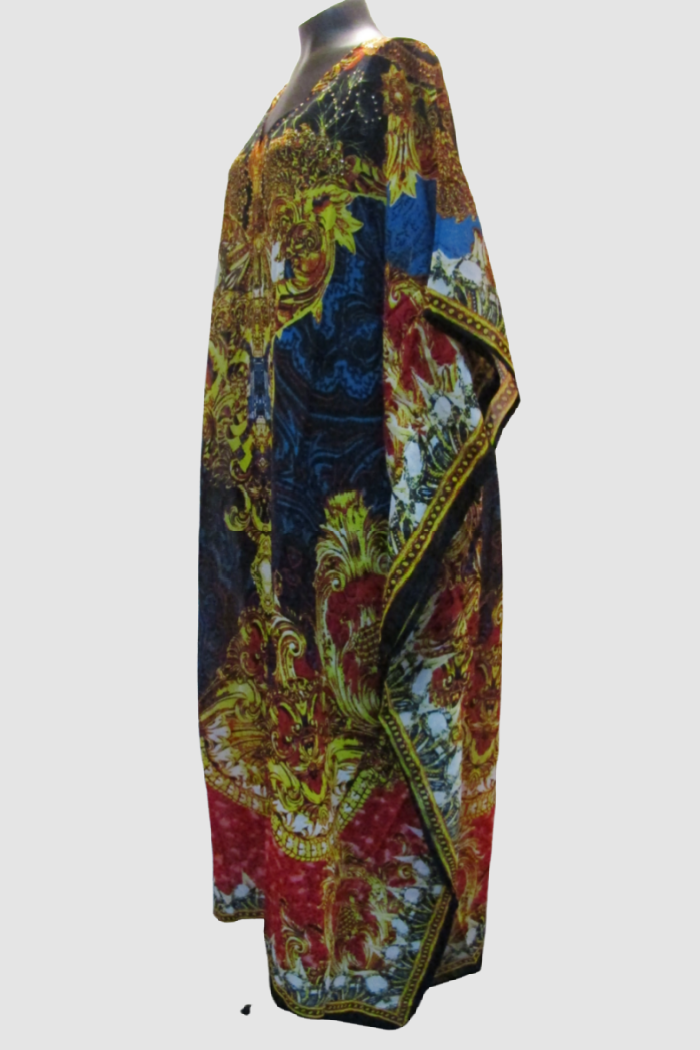 Long Beaded Kaftan in Opulent Blue/Gold Print