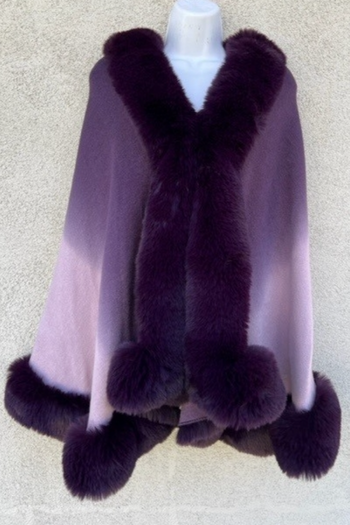 Elegant Purple Ombre Faux Fur Trim Cape/Poncho