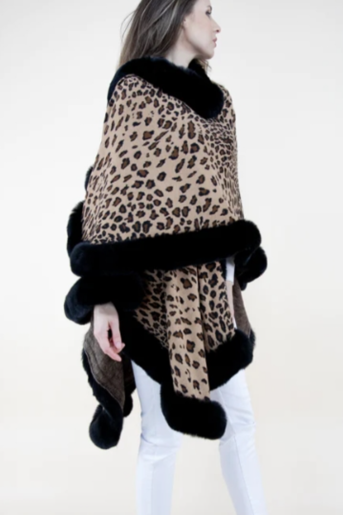 Cheetah Print Faux Fur Trimmed Cape