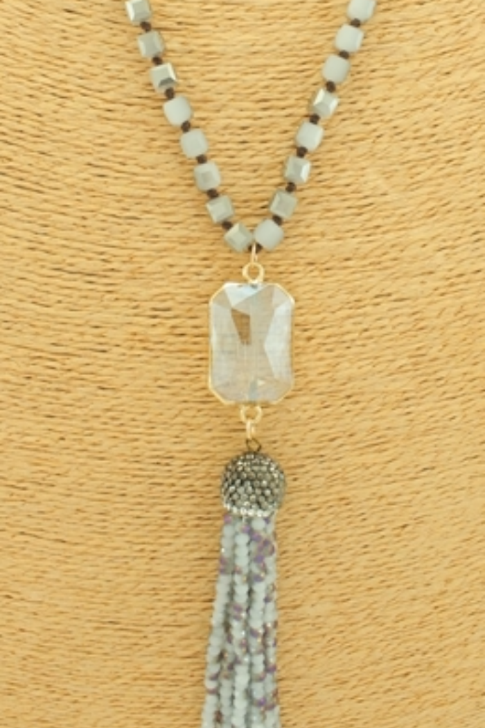 Long Light Grey Beaded Tassel Necklace