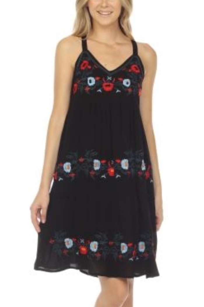 Black Embroidered Spaghetti Strap Dress