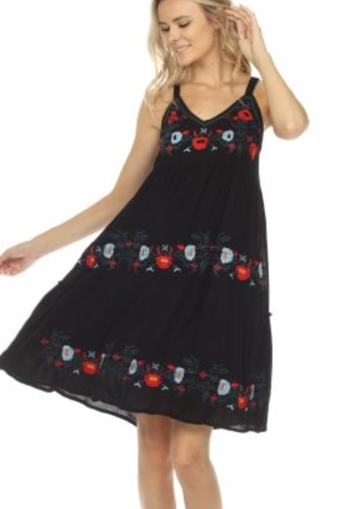 Black Embroidered Spaghetti Strap Dress