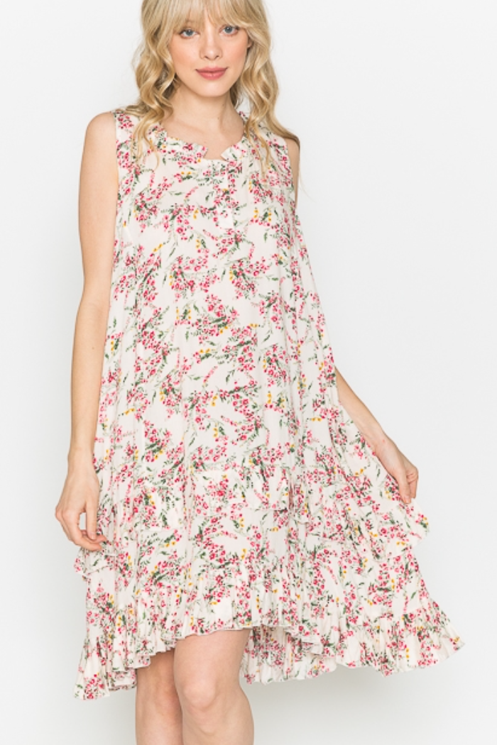 Ruffle Trimmed Sleeveless Dress - Pink Floral