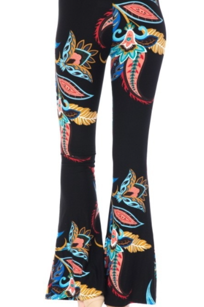 Palazzo Pant - Multi Paisley & Leaf Print on Black