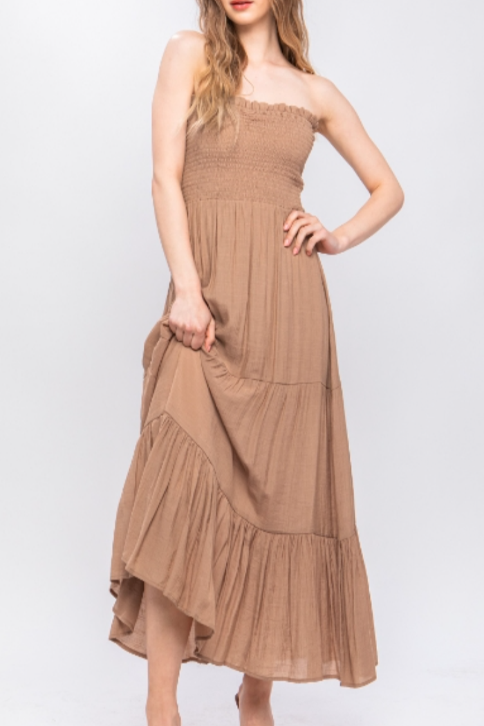 smock tiered maxi dress Smock Top Long Tiered Maxi Dress in Clay. – kimbals