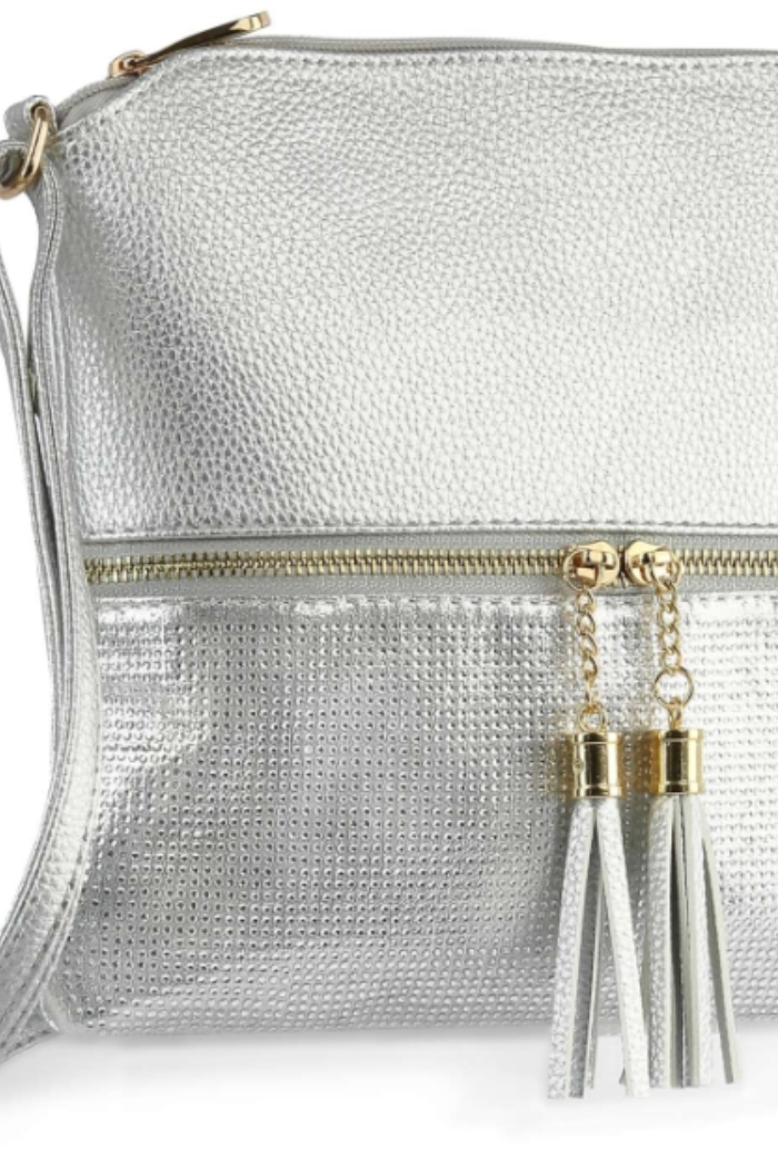 Tassel Accented Rhinestone Crossbody Sling in Silver