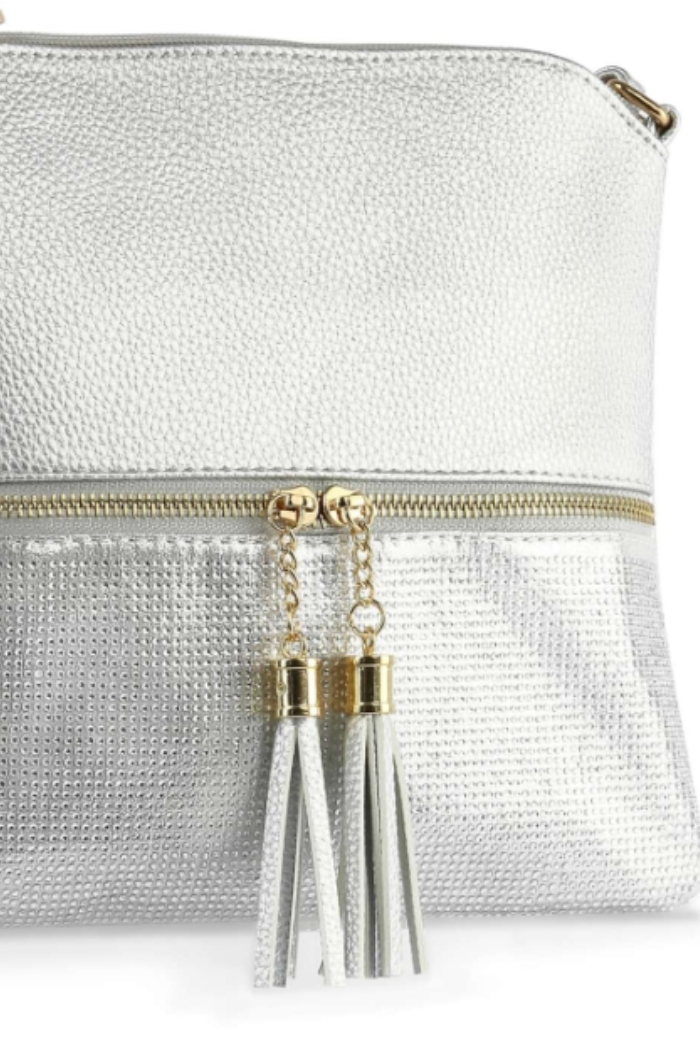Tassel Accented Rhinestone Crossbody Sling in Silver