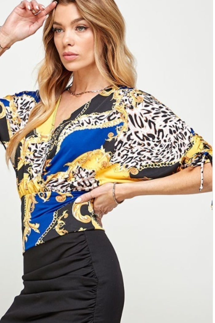 Drawstring Dolman Sleeve Knit Surplice Top
