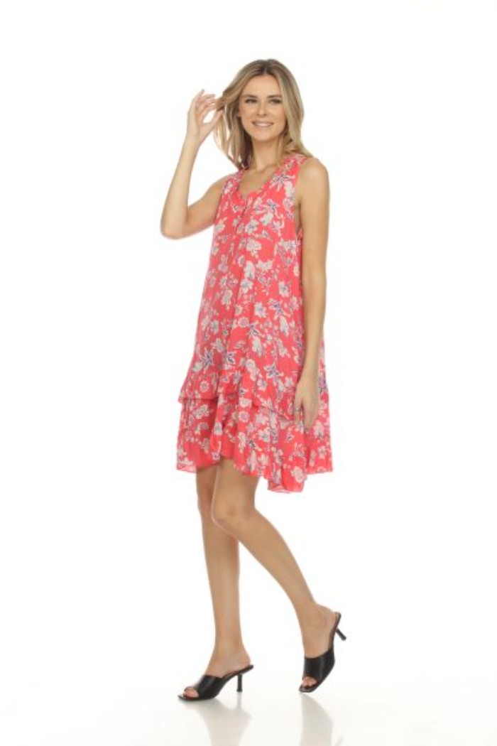 Ruffle Trimmed Sleeveless Dress - Coral Lily Print