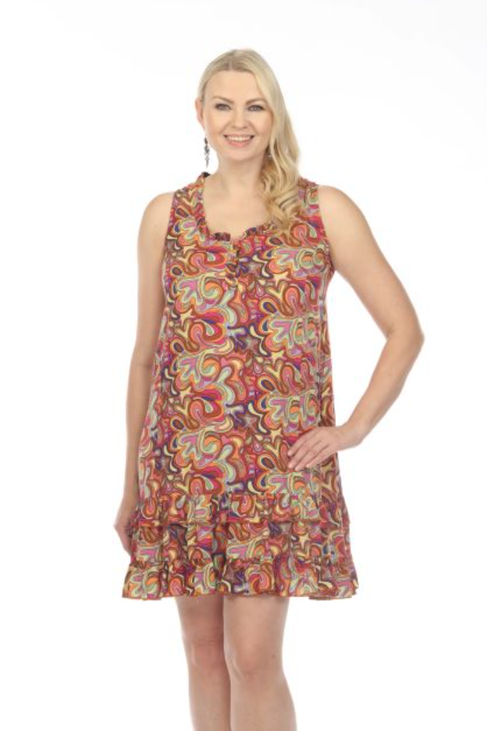 Ruffle Trimmed Sleeveless Dress - Rust Print