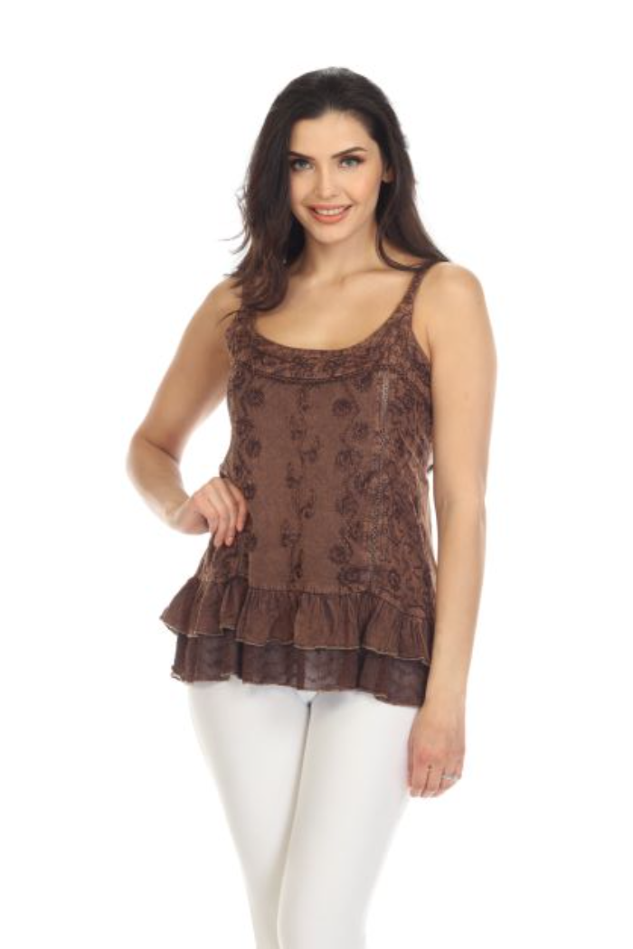 Embroidered Sand Wash Tank Top - Brown
