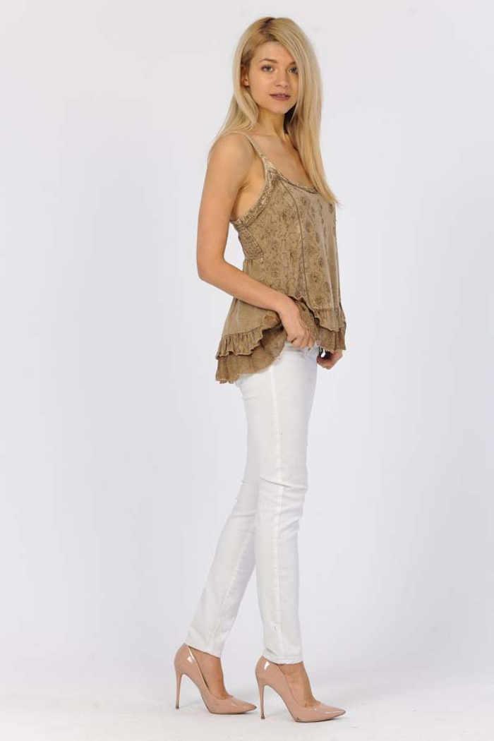 Embroidered Sand Wash Tank Top - Fawn