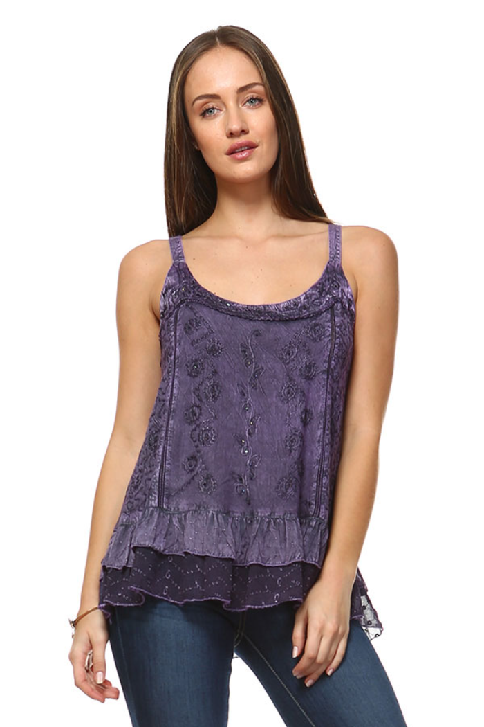 Embroidered Sand Wash Tank Top - Purple