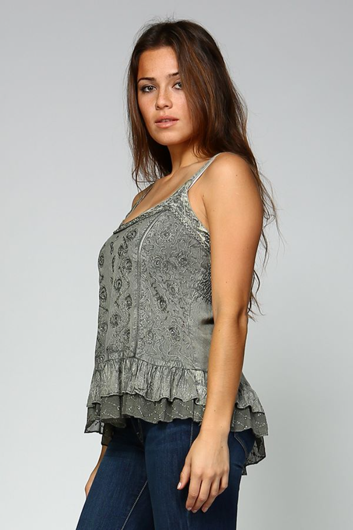 Embroidered Sand WashTank Top - Olive