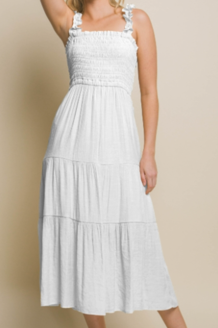 Smock Top Ruffled Strap Tiered Maxi Dress in White