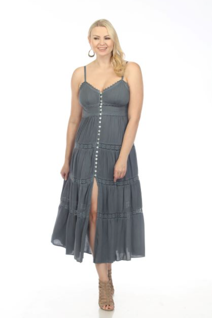 Button Front Spaghetti Strap Maxi Dress in Grey