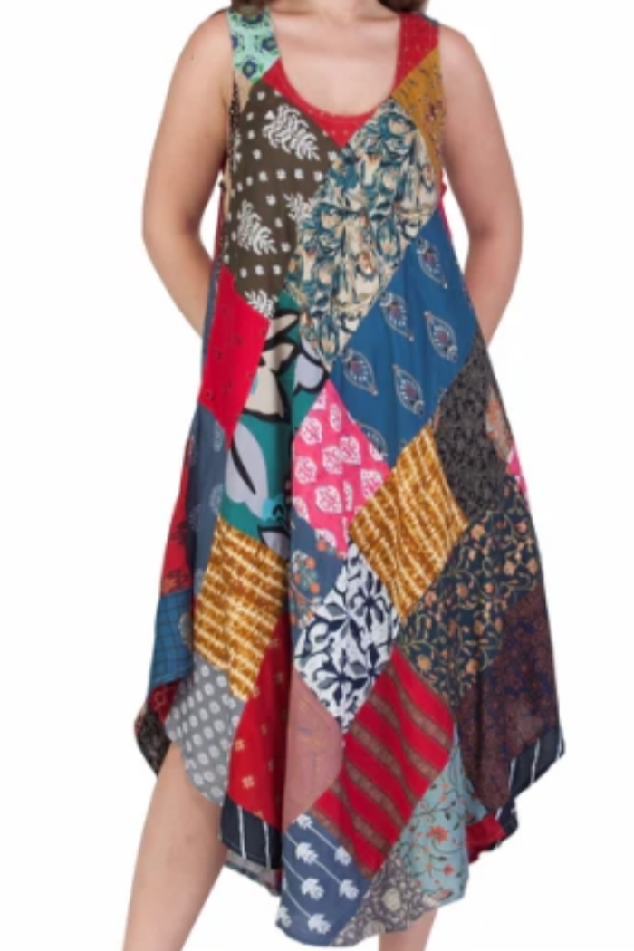Patchwork A-Line Sleeveless Midi Dress