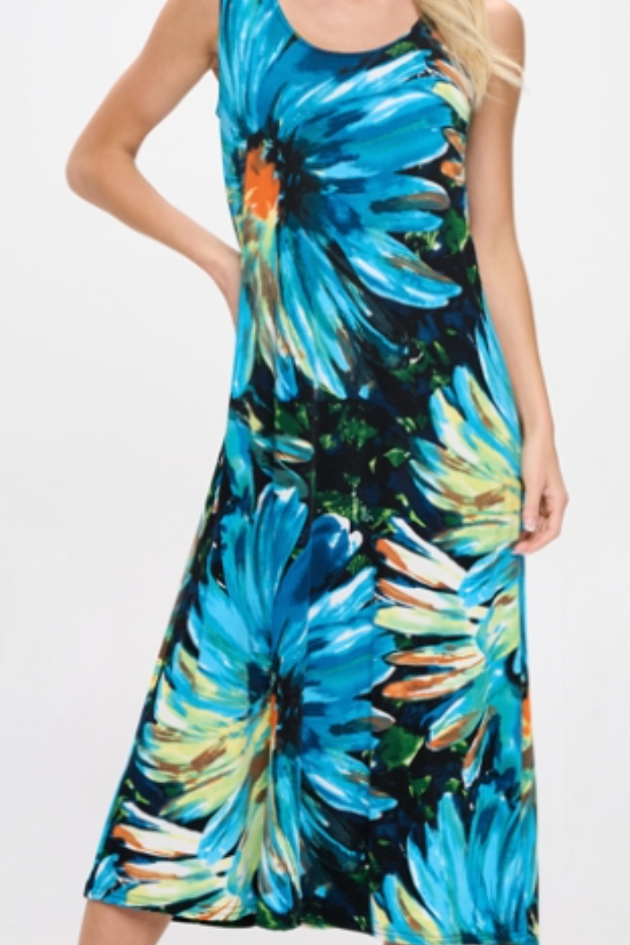 Turquoise Floral Sleeveless Maxi Tank Dress