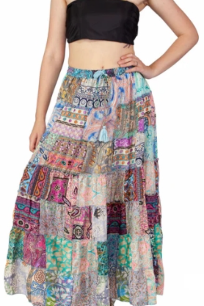 Silky Long Patchwork Skirt with Drawstring Waist