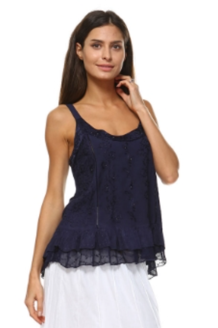 Embroidered Sand Wash Tank Top - Navy