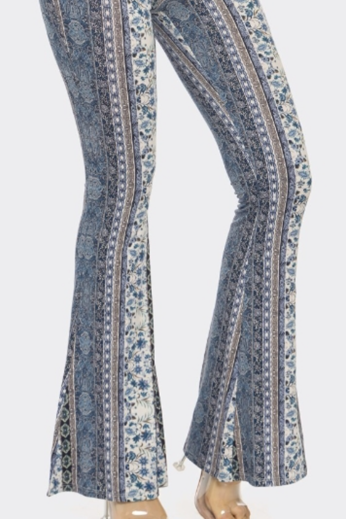 Boho Floral Printed Flared Pant in a Blue Print