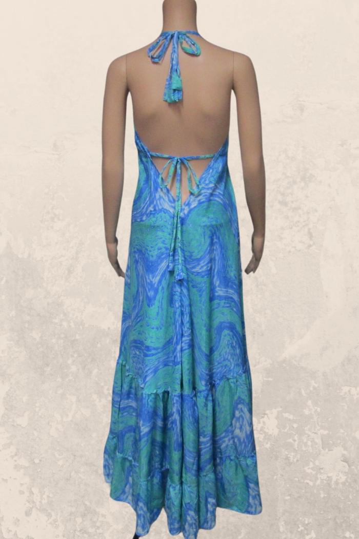 Alluring Long Halter Dress in a Blue-Aqua Print