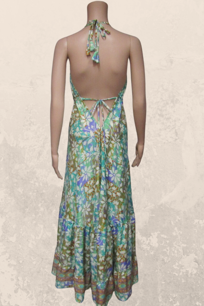Alluring Long Halter Dress in an Aqua Print