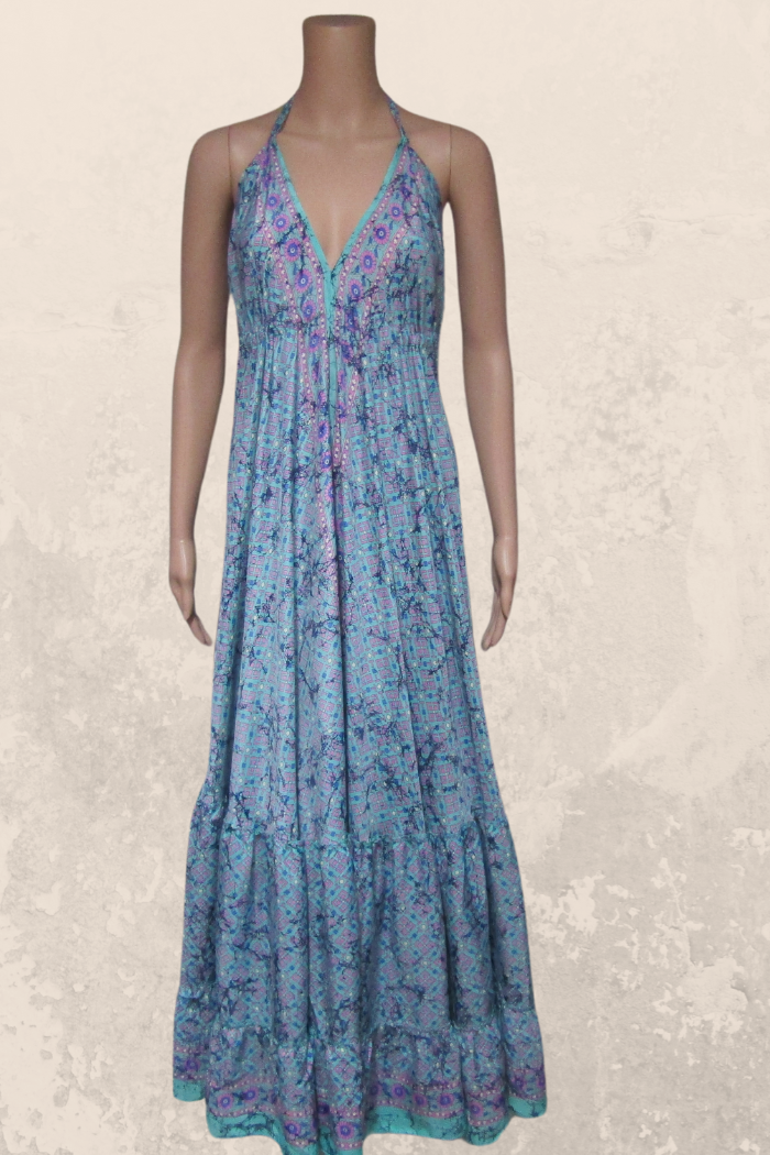 Alluring Long Halter Dress in an Aqua Blue-Pink Print