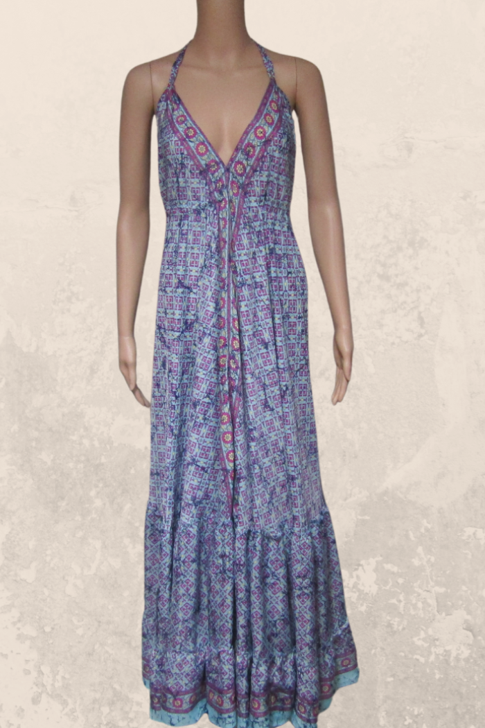 Alluring Long Halter Dress in a Blue-Purple Print