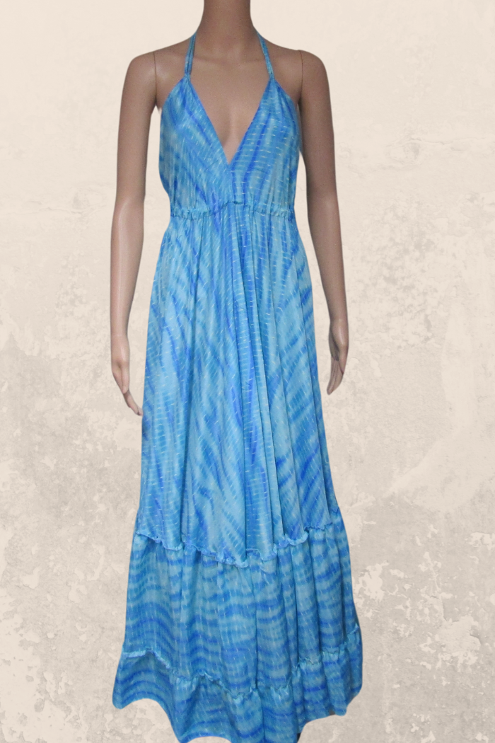 Alluring Long Halter Dress in a Blue Print