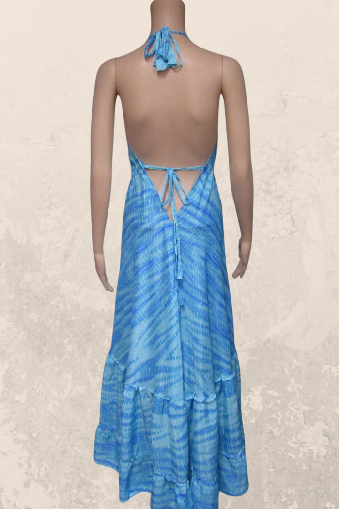 Alluring Long Halter Dress in a Blue Print