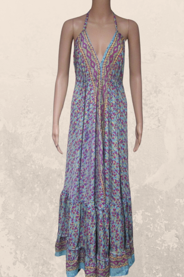 Alluring Long Halter Dress in a Blue-Fuchsia Print