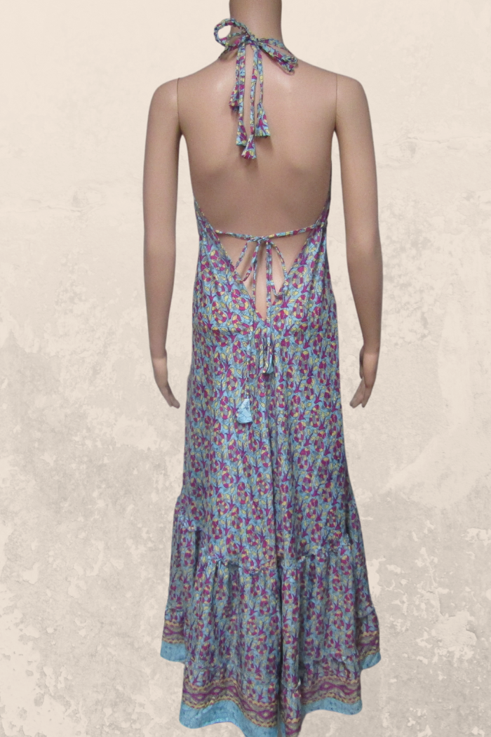 Alluring Long Halter Dress in a Blue-Fuchsia Print