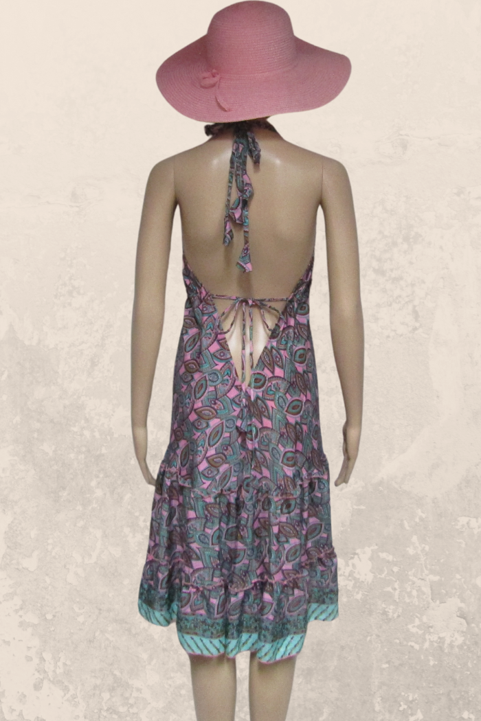 Chic Short Halter Dress in a Jade-Pink Print