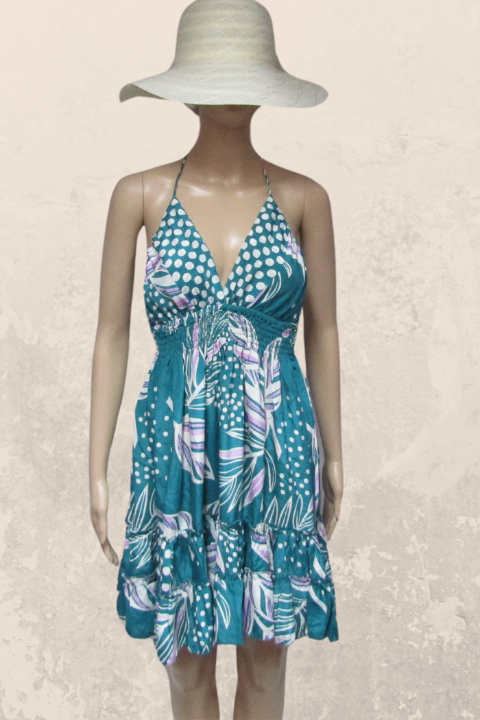 Chic Short Silk Blend Halter Dress in a Jade Print