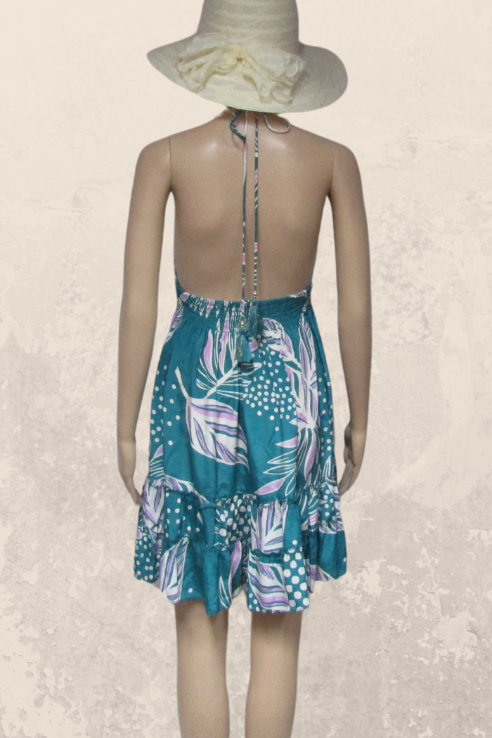 Chic Short Silk Blend Halter Dress in a Jade Print