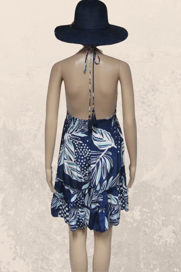 Chic Short Silk Blend Halter Dress in a Navy Print