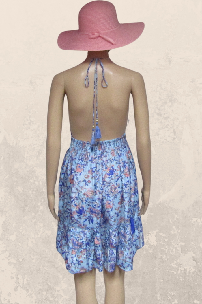 Chic Short Silk Blend Halter Dress in a Blue Floral Print