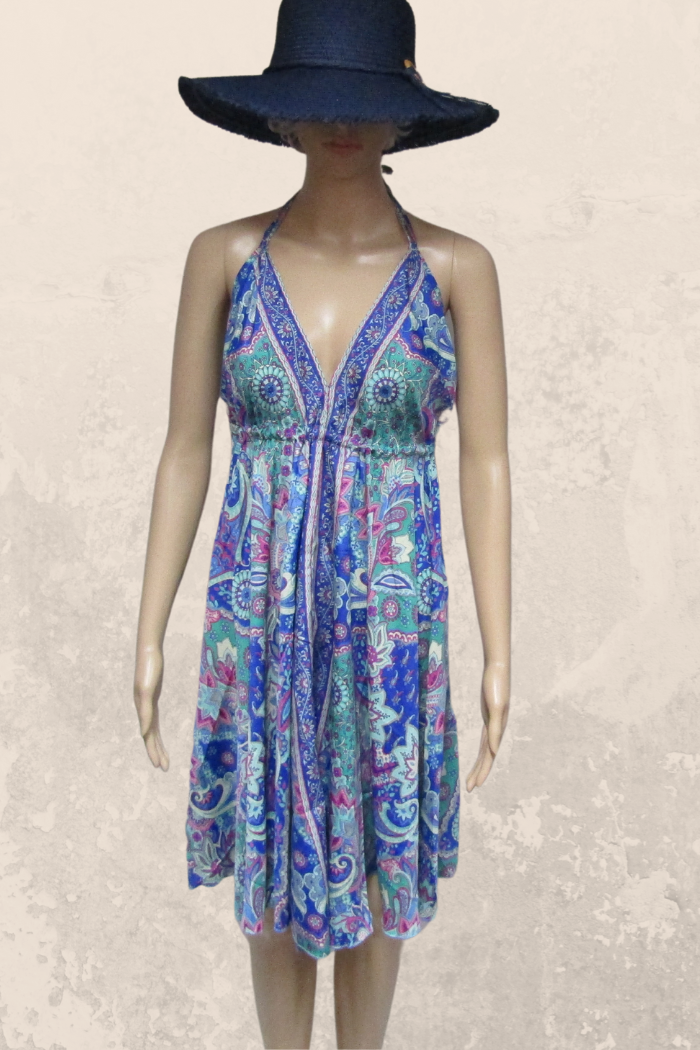 Hot Ticket Halter Dress in a Sassy Silky Short Style in Aqua-Blue Print