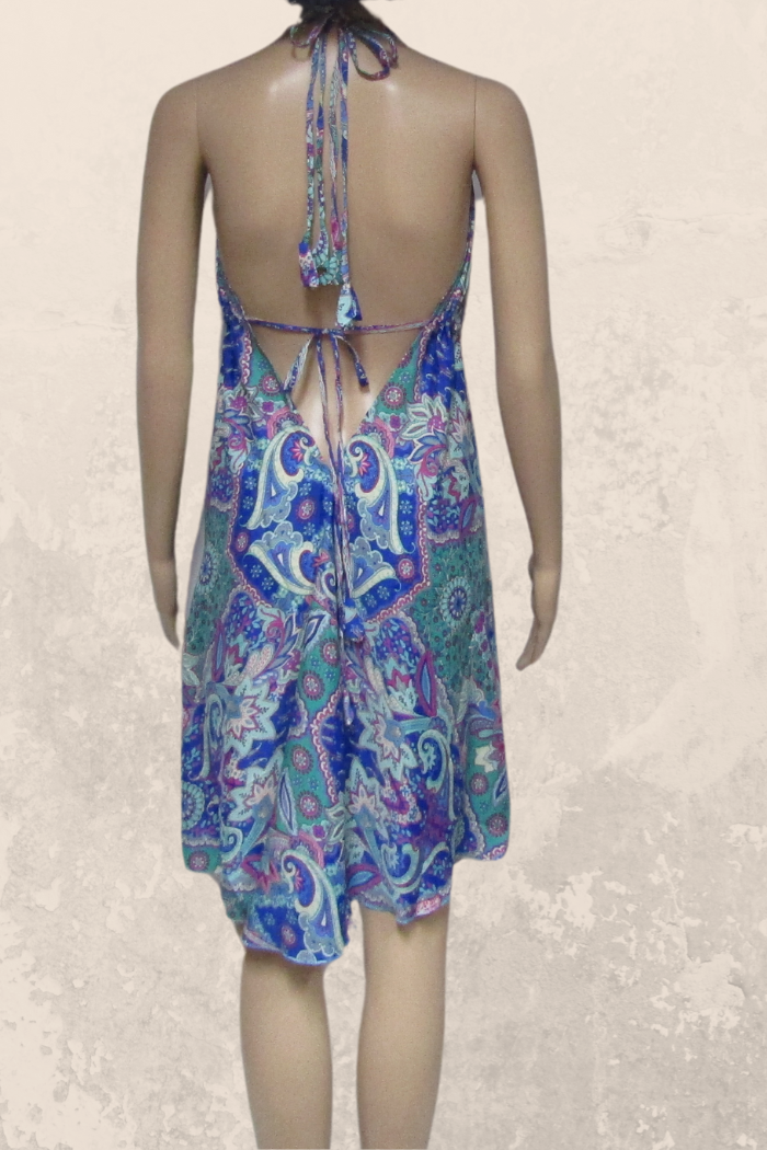 Hot Ticket Halter Dress in a Sassy Silky Short Style in Aqua-Blue Print