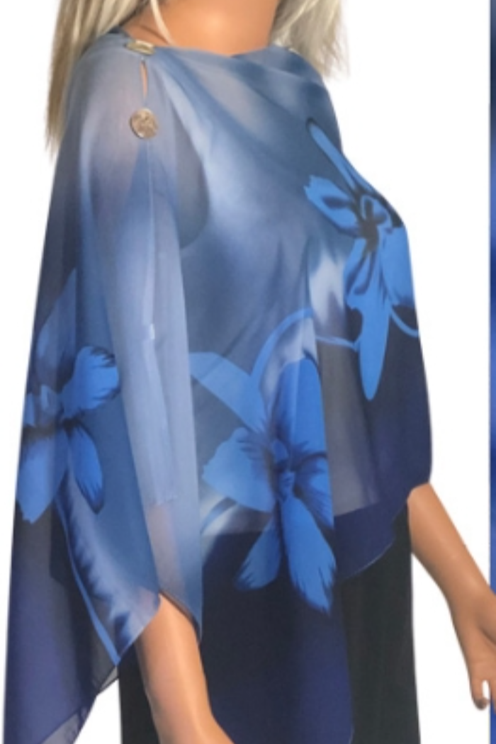 Silky Sheer 6-Button Poncho - Blue Floral
