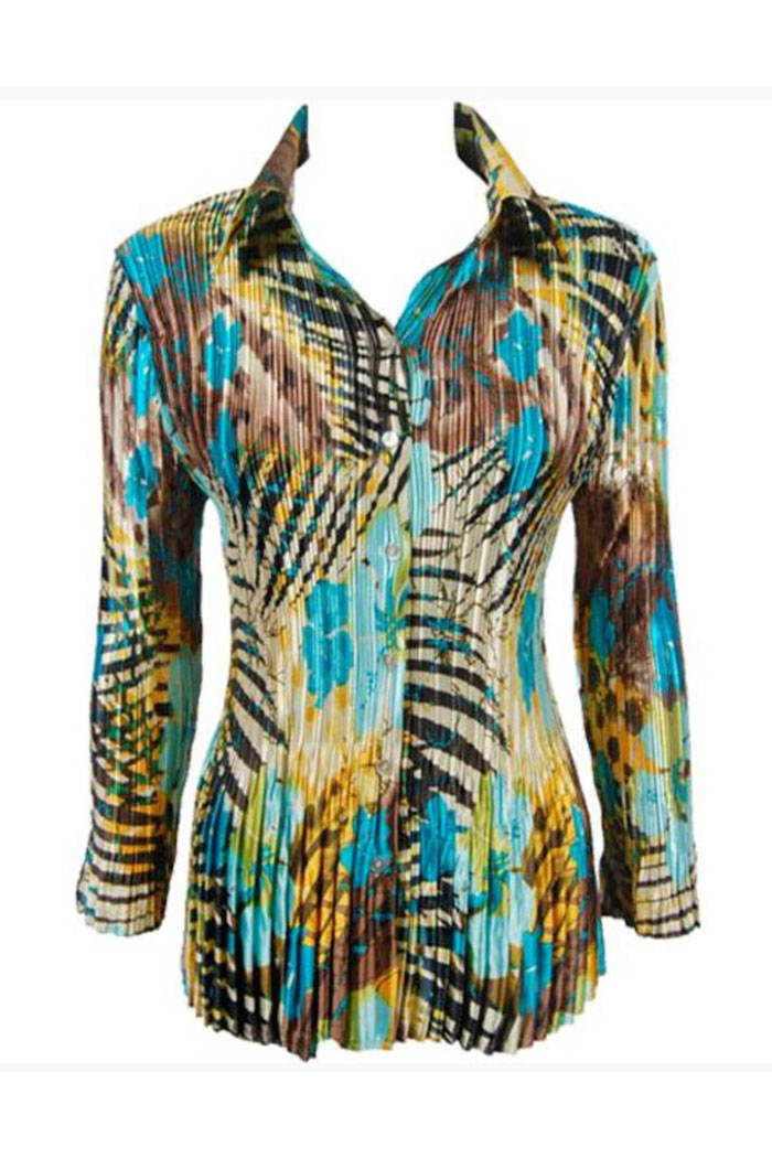 Stylish Satin Mini Pleated Shirt in a Tropical Print
