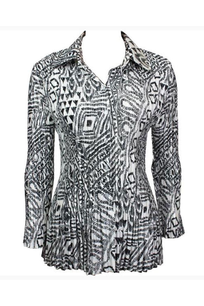 Stylish Satin Mini Pleated Shirt in a Black-White Geometric Print