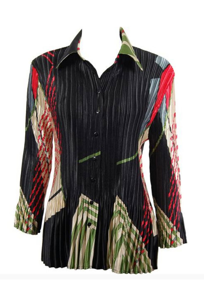 Stylish Satin Mini Pleated Shirt in a Red-Olive Print on Black